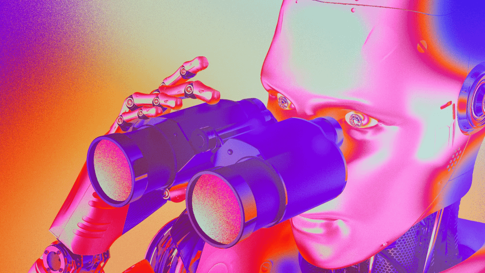 Illustration: A colorful robot peers through binoculars, symbolizing AI’s far-reaching exploration in 2025.