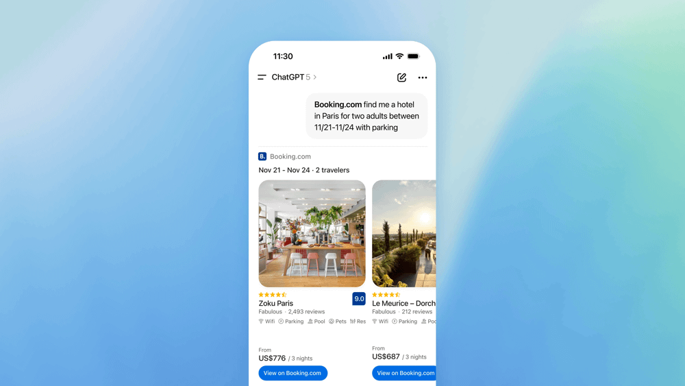 ChatGPT can now serve as a one-stop digital assistant. In this example, a user asks for a hotel in Paris, and the Booking.com app (one of ChatGPT’s built-in apps) displays interactive search results – complete with photos, prices, and filters – right within the chat.