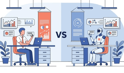 Split-screen showing a human knowledge worker beside a dashboard where an AI agent is completing tasks across workplace apps.