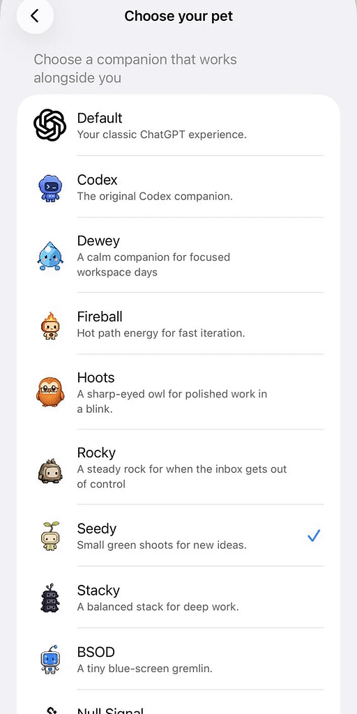 ChatGPT pet options