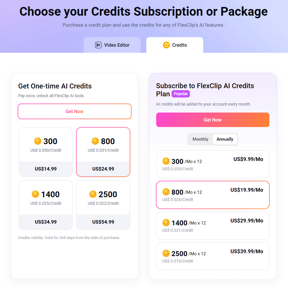 FlexClip credits pricing